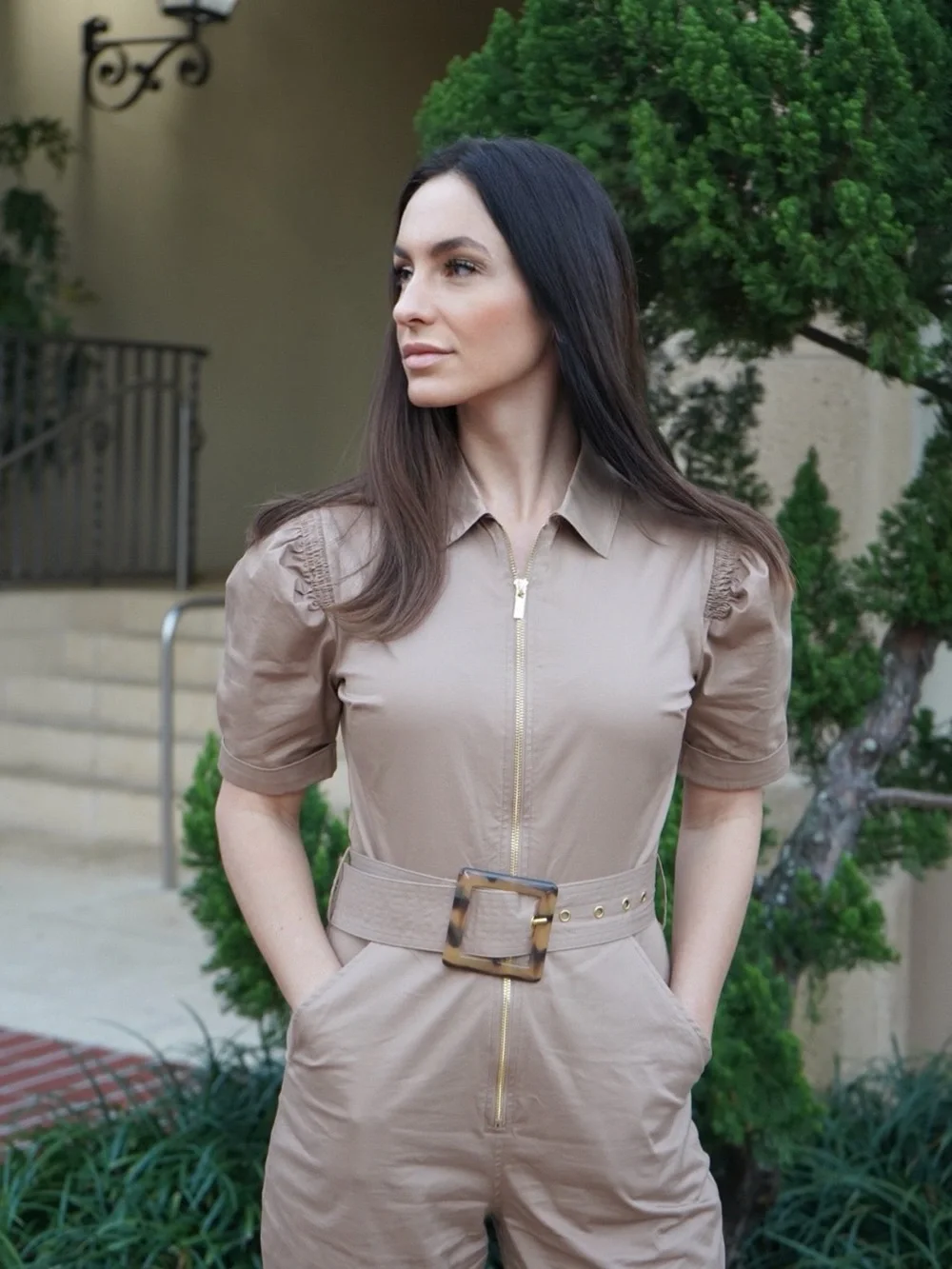 WeWoreWhat Taupe Short-Sleeve Belted Jumpsuit - Picture 3 of 6